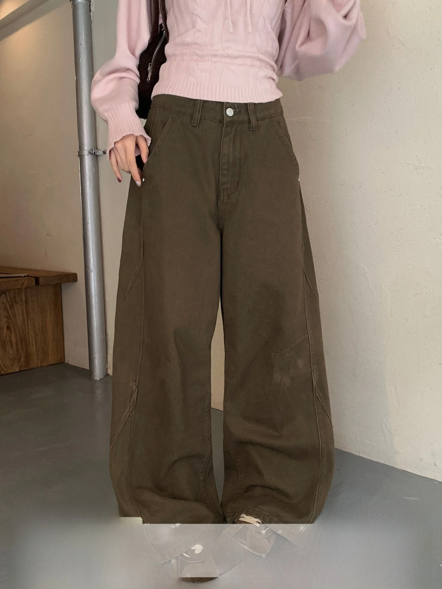 

High Waist Straight Leg Wide Leg Pants Women's Casual Brown Coffee Color Spring New Design Commute Versatile Cotton Jeans