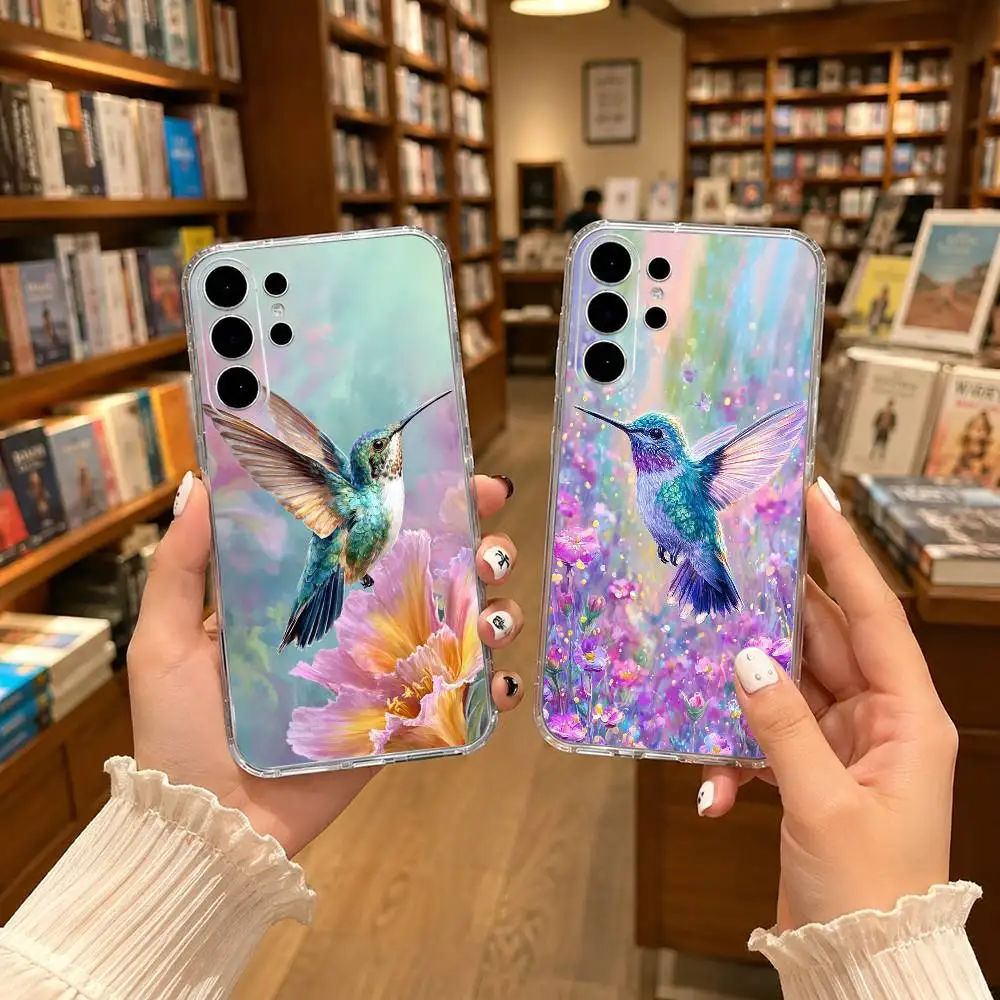 Bird Hummingbird painting Clear Hard Phone Case For Samsung S25,24,23,22,21,10,9,Ultra,Plus,Lite Transparent Cover