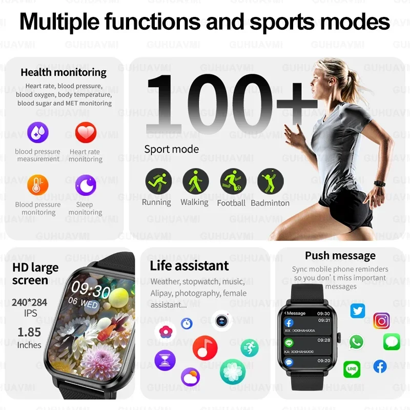 HD Voice Call Women Smartwatch 1.85\'\' AMOLED Screen Full Touch Watch Ladies Heart Rate Blood Glucose Monitor Smart Watch For IOS