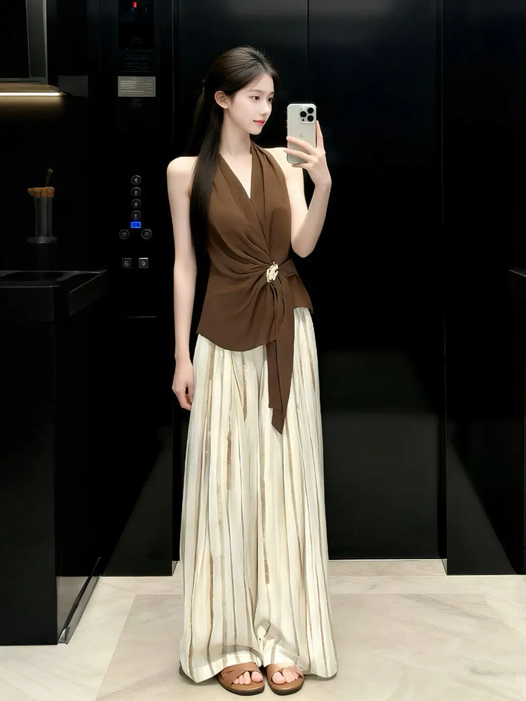 

Summer Casual Outfit Women's Wide Leg Pants Neck Hanging Top Set High Waist Long Pants Striped Pattern No Brand Fashion Set