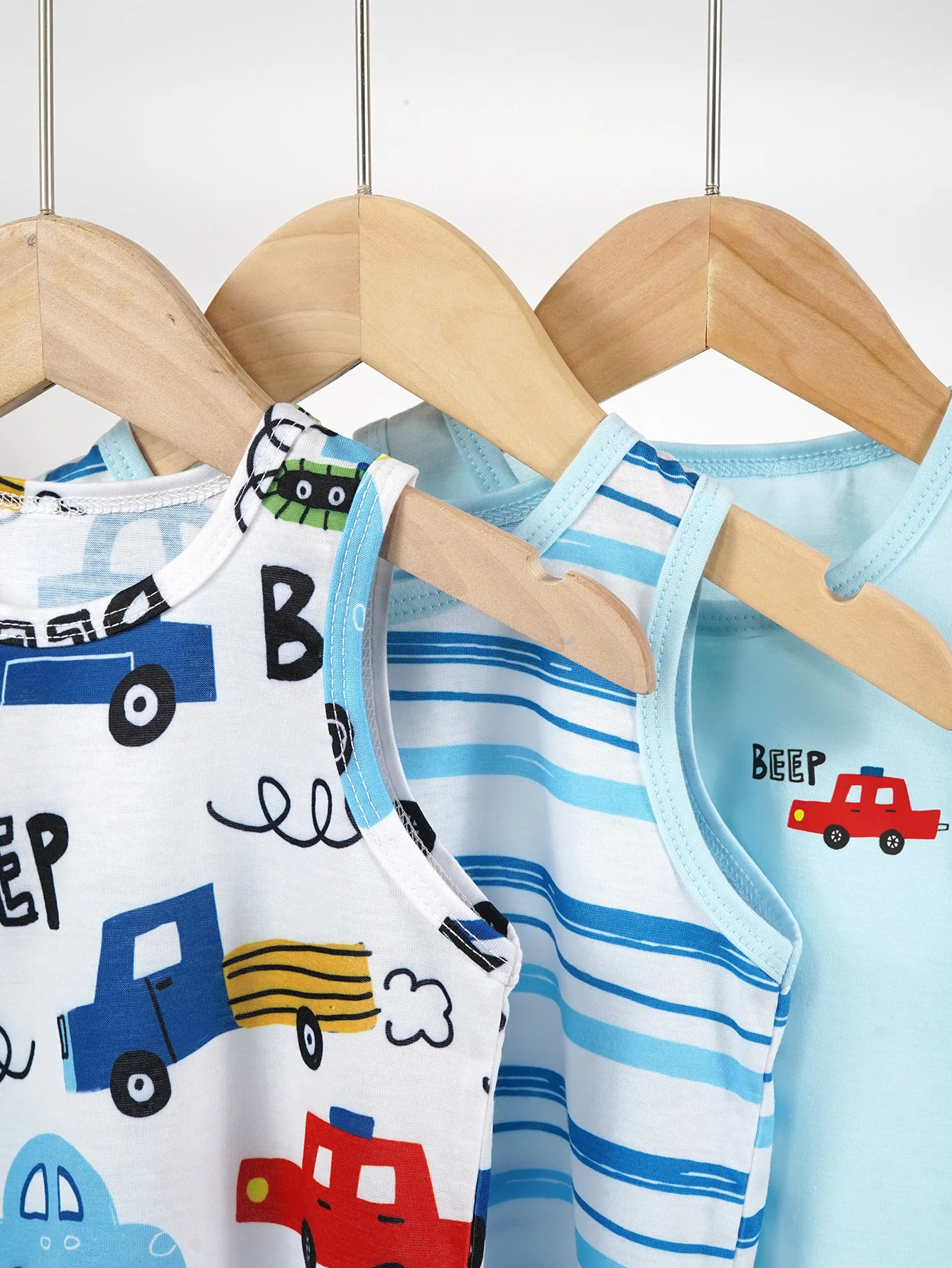 Baby Three Piece Tank Top 2024 Summer Sleeveless T-shirt for Boys Cute Cartoon Pattern Car+ Stripes+ Solid Color 3 Pcs Pajamas