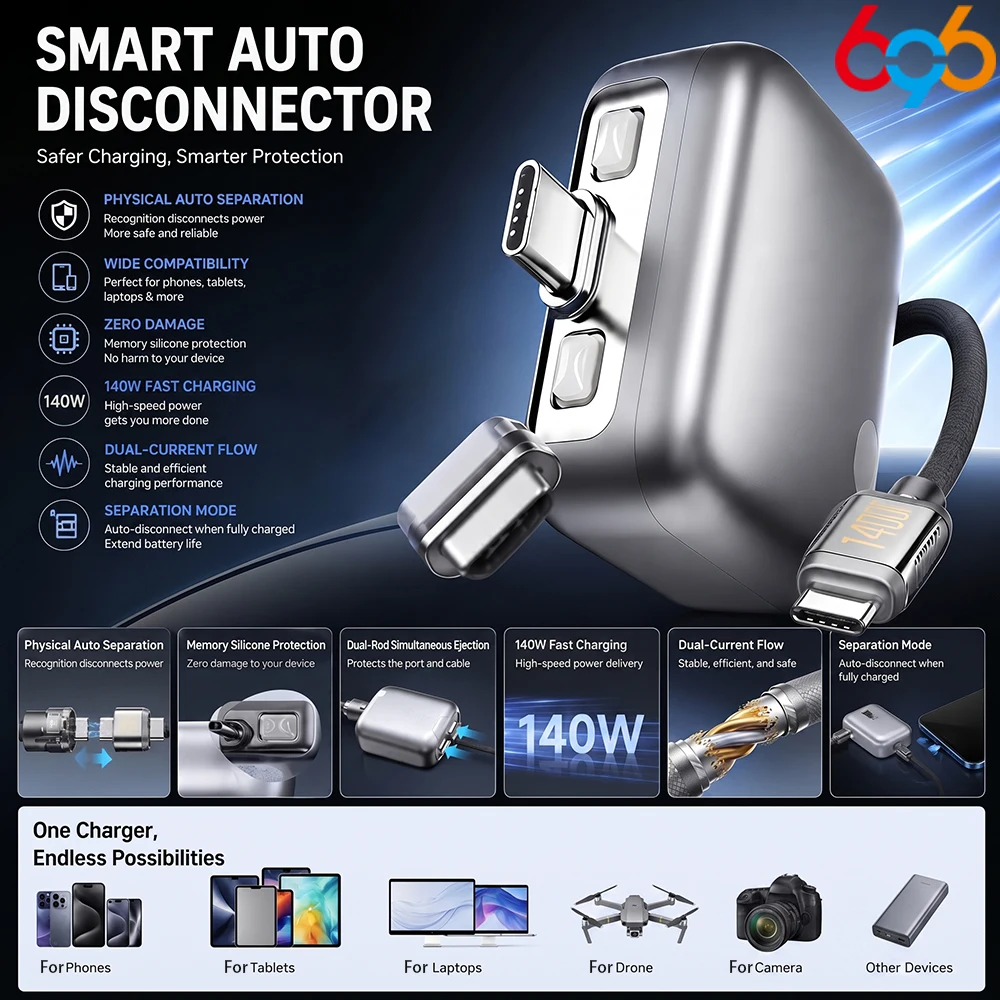 Adapter 140W Fast Charge Safety Separator Automatically For Type-C Devices Intelligence Full Charge Auto-Disconnect Charging