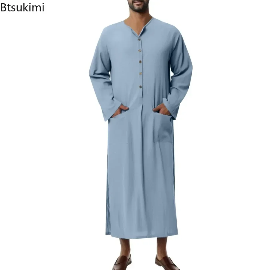 New2024 Men's Muslim Fashion Robes Ethnic Henry Collar Long Sleeve Button Down Casual Solid Color Islamic Arab Dubai Jubba Thobe