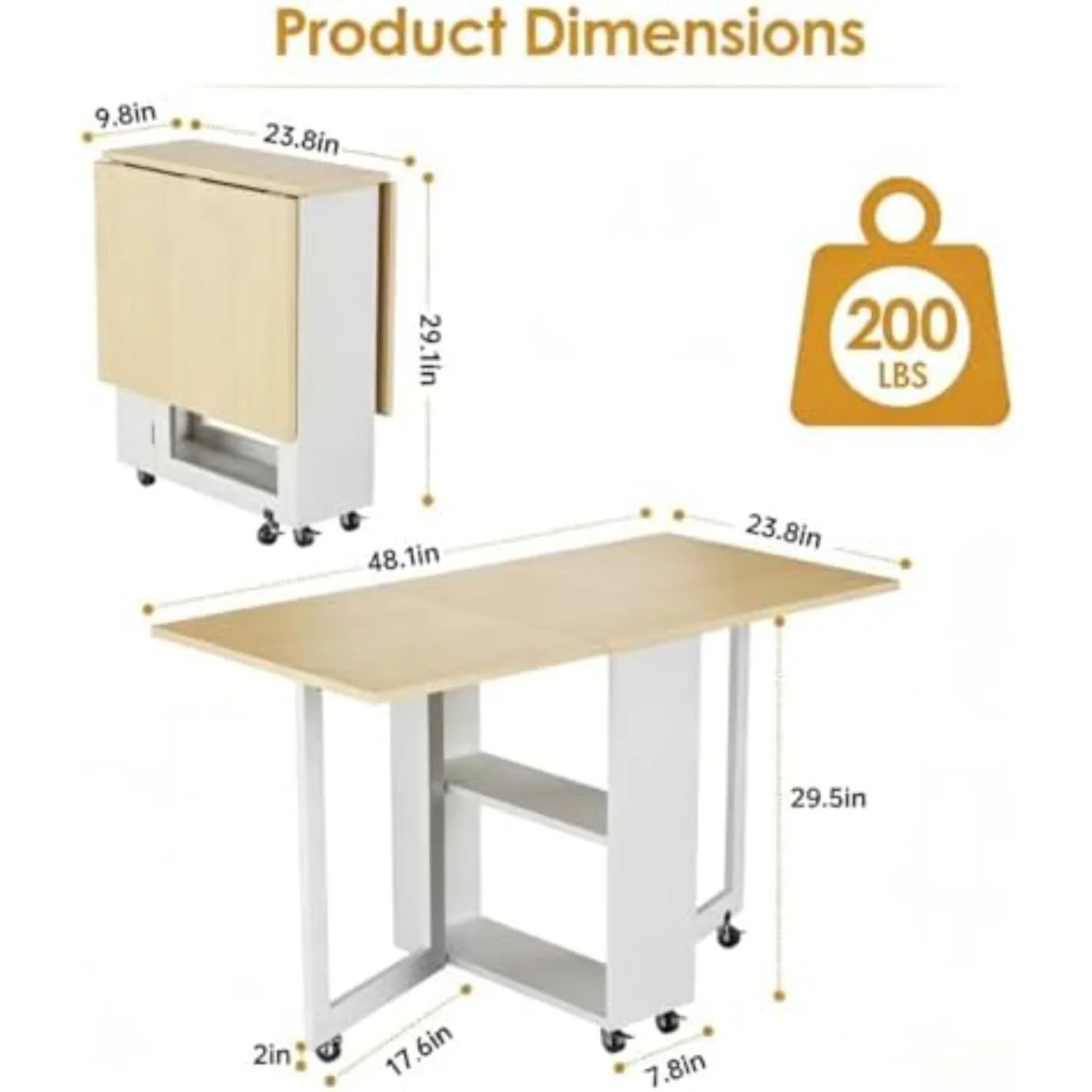 Portable Folding Dining Table, Space Saving Kitchen Table with 6 Lockable Casters & 2‑Tier Storage Rack