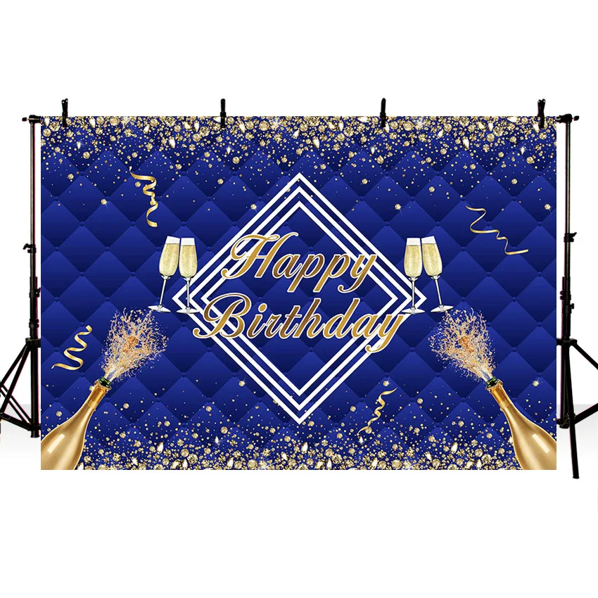 Mehofond Blue Headboard Backdrop Happy Boy Birthday Party Decor Gold Glitter Champagne Banner Photography Background Studio Prop