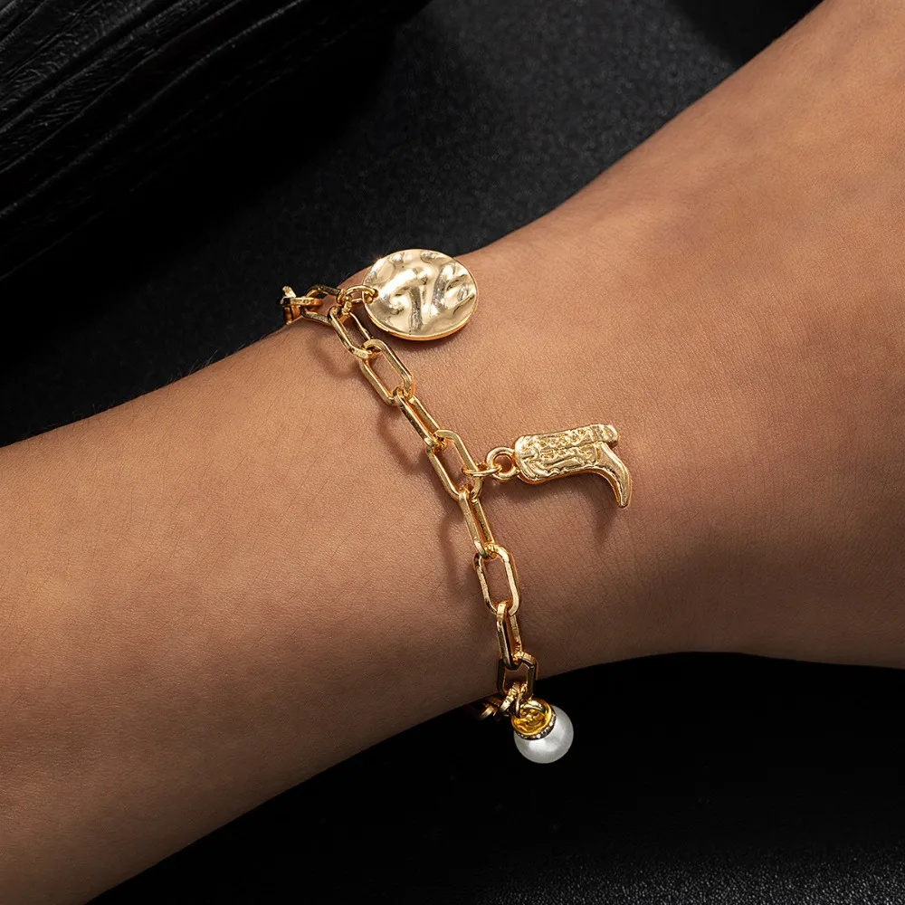 Trendy Personality Adjustable Western Cowboy Boot Coin Imitation Pearl Pendant Bracelets for Women Music Festival Jewelry Gifts