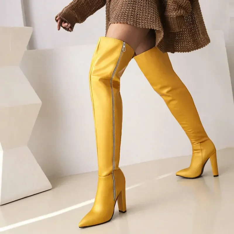 

Green Yellow Pointed Toe Thick Block High Heels Stripper Pole Dance Shoes Side Zipper Overknees Over-the-knee Thigh Long Boots