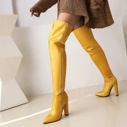 Green Yellow Pointed Toe Thick Block High Heels Stripper Pole Dance Shoes Side Zipper Overknees Over-the-knee Thigh Long Boots