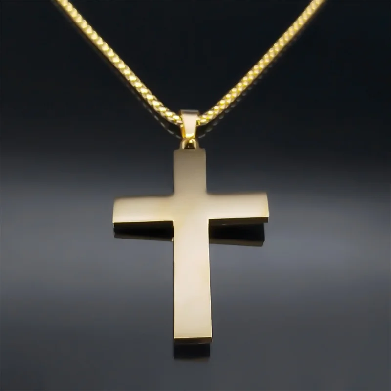 يسوع الصليب الصليب قلادة للنساء الرجال الفولاذ المقاوم للصدأ الذهب اللون الصلاة الدينية المعمودية القلائد مجوهرات colares N2352S