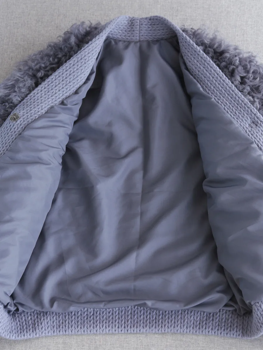 2025 imported lamb fur jacket V-neck silhouette fashion hand-woven wool coat ring wool