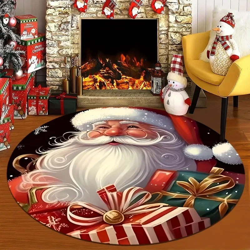 

Santa Gifts Christmas Round Rug Soft Absorbent Non-Slip Flannel Mat Living Room Bedroom Entryway Machine Washable Holiday Decor