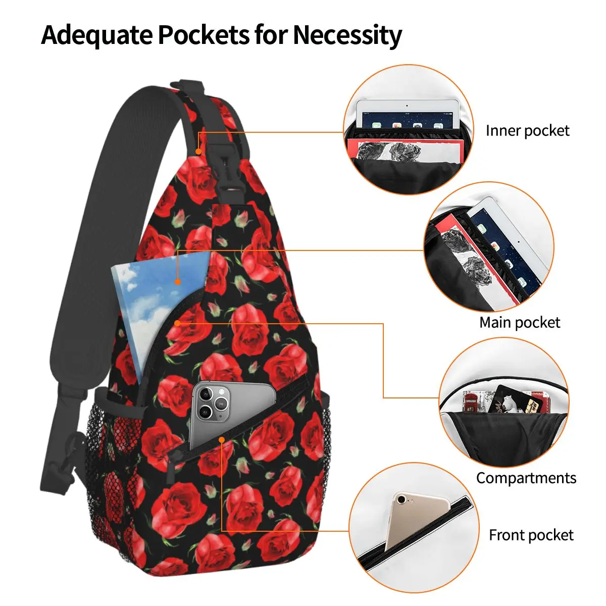 Red Roses Floral Pattern Chest Bag Men Sling Crossbody Backpack Chest Bag Traveling Hiking Daypack Shoulder Bag