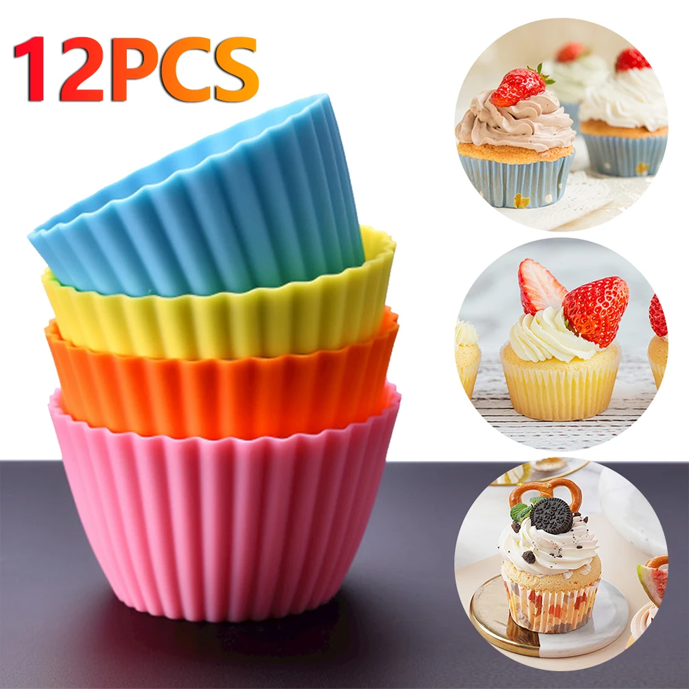 12pcs Silicone Cupcake Baking Cups Reusable Non-stick Muffin Mold Dessert Pudding Ramekin Holders Kitchen Baking Cup for Baking