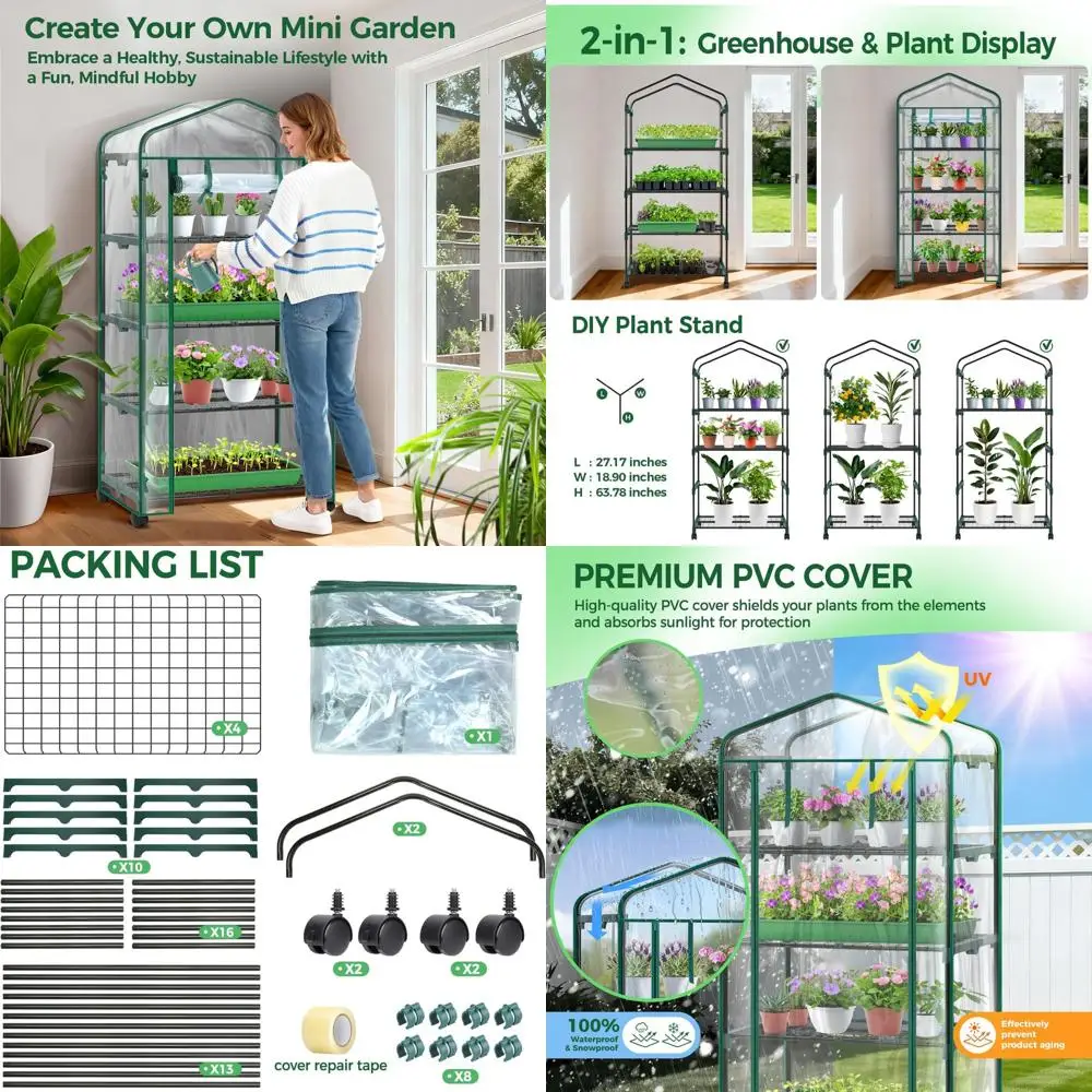 

Portable 4-Tier Plastic Greenhouse with Wheels and Durable PVC Cover for Seedlings and Plants