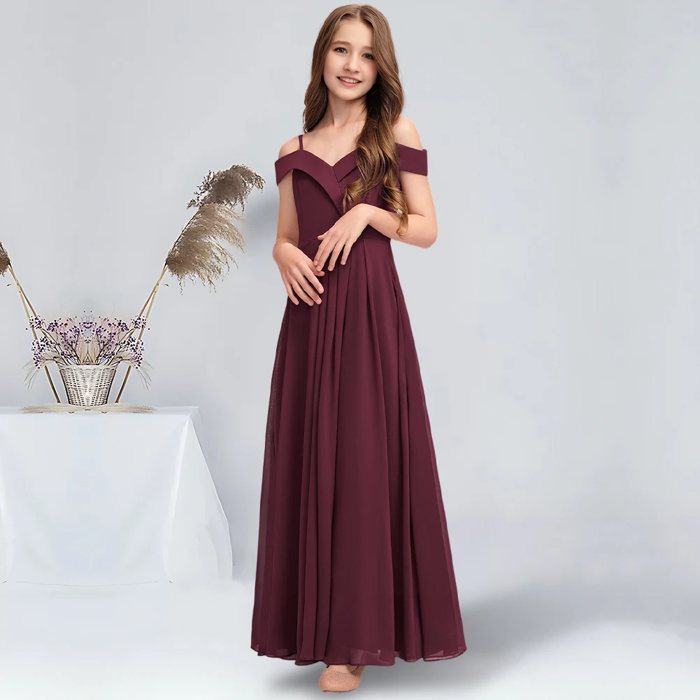 

A-line Cold Shoulder Floor-Length Chiffon Junior Bridesmaid Dress Cabernet Flower Girl Dress for Wedding Communion Dresses Teens