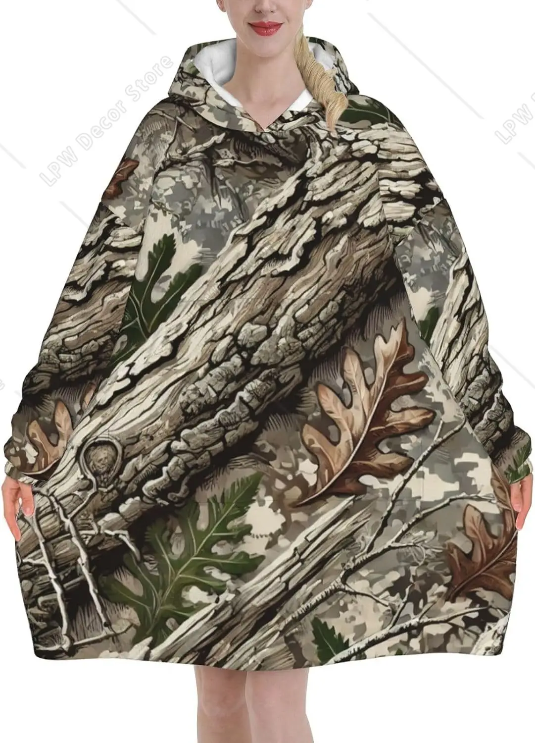 Oversized Adult Long Sleeve Flannel Hoodie Blanket Camouflage Tree Bark Texture Soft Fuzzy Hooded Sweatshirt Lounging Pullover