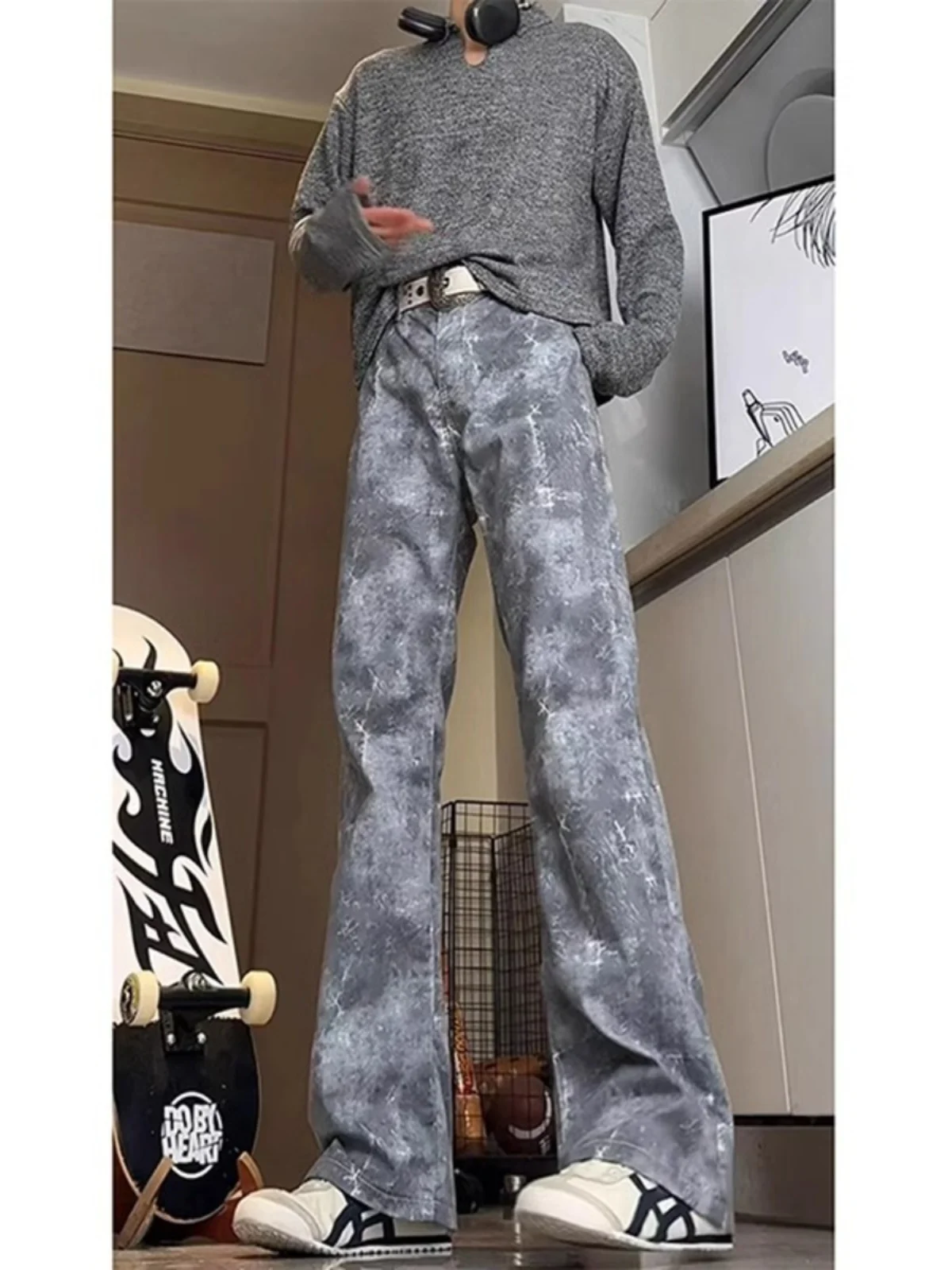 

American High Street Vibe Men's Jeans Spring Autumn New Waed Tie Dye Straight Leg Bell Bot Casual Breathable Jeans