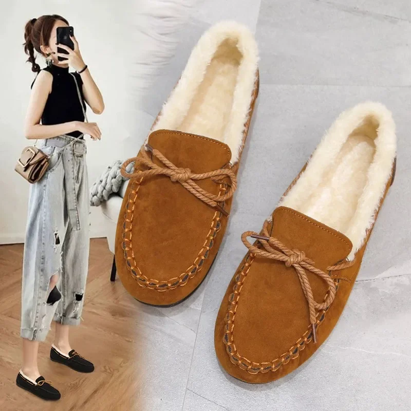 2023 autumn and winter new Doudou shoes women plus cashmere warm bow Korean version of casual shallow mouth flat lazy cotton sho