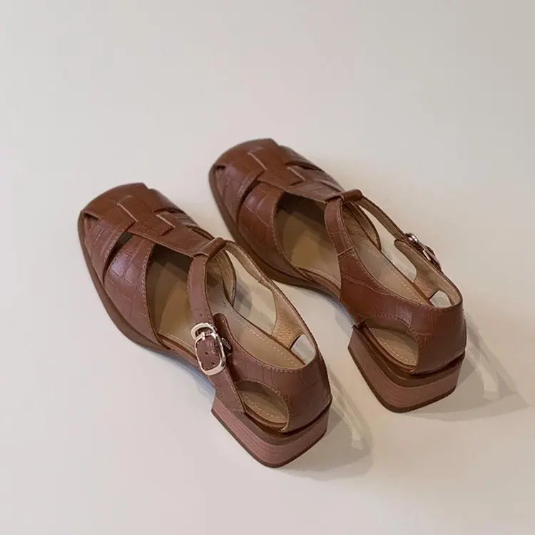 Women's Sandals Summer New Fashion Weave Vintage Breathable Roman Shoes Lightweight Comfortable Buckle Strap Casual Shoes