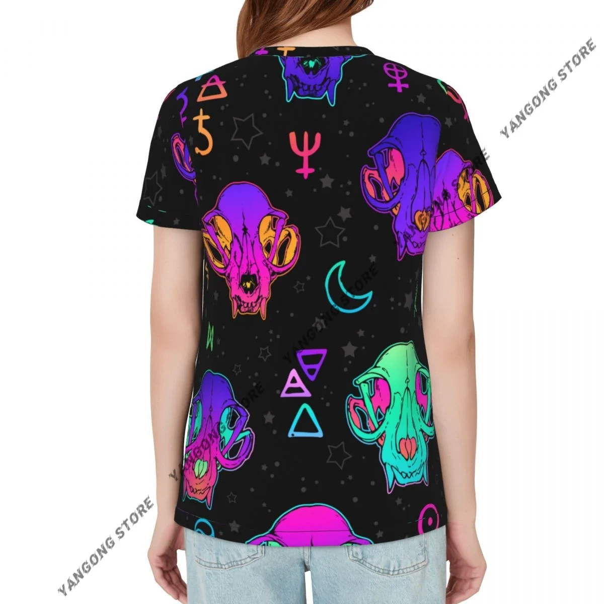 Women's T-shirt Neon Skulls And Esoteric Symbols Tshirt Women Casual O-Neck Short Sleeve Tops Tees Clothing