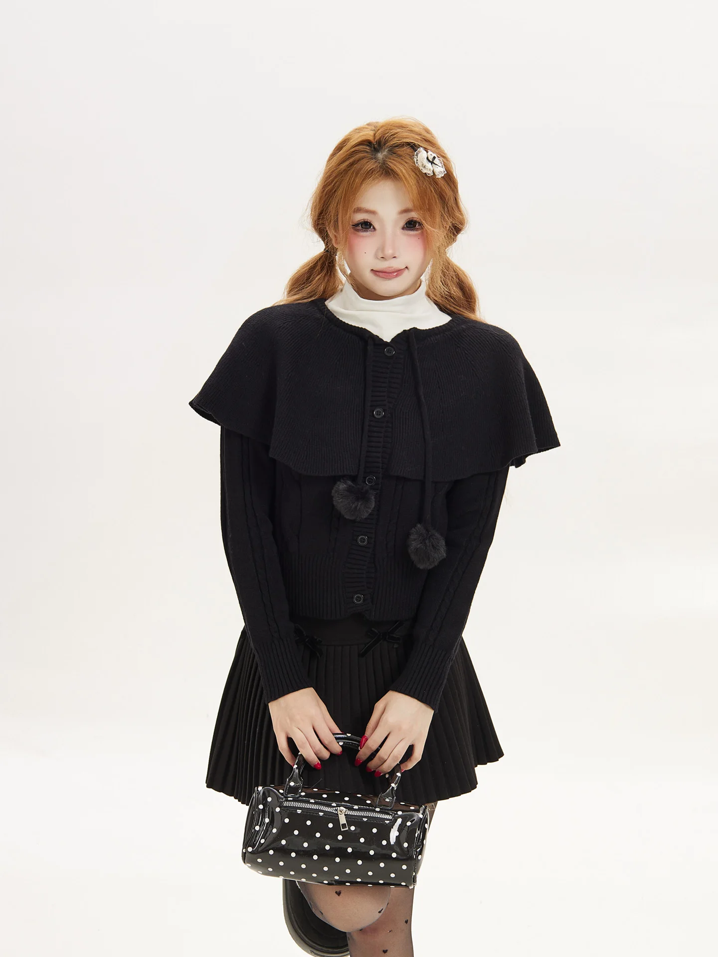 Black Ant Knitted Short Top Women's Autumn Winter Sweater with Ball Decoration Fake Two-Piece Cowl Neck Shoulder Wrap Casual ...