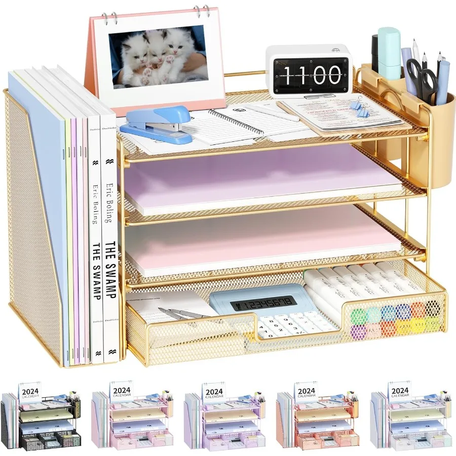 منظم ملفات سطح المكتب مكون من 4 طبقات مع درج وحاملين أقلام لتخزين اللوازم المكتبية ومنظم مساحة العمل باللون الذهبي مع M #2