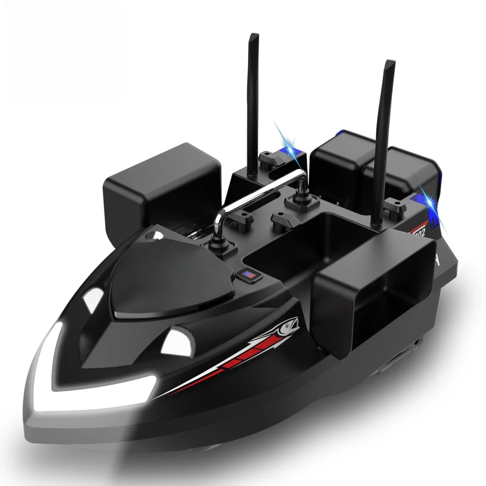 

Bait Boat with 4 Independent Hoppers,Dual Antennas for 500m Range, Dual Power Supply, Front & Rear Lights for Night Fishing