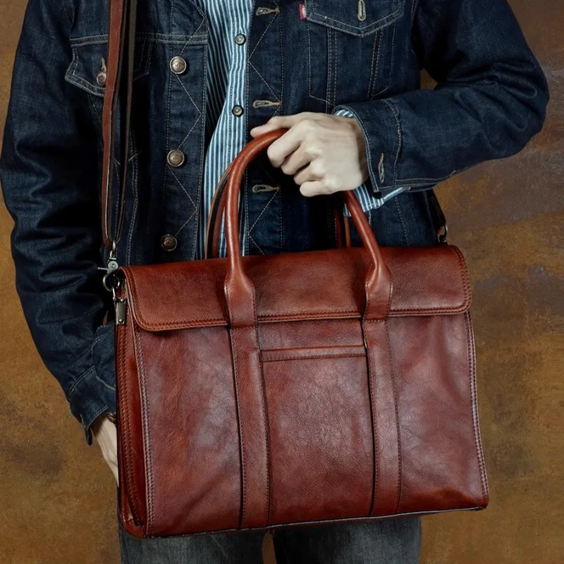 Handmade กระเป๋าถือหนังแท้ธุรกิจ Casual Premium Cowhide กระเป๋าเอกสารผู้ชายไหล่กระเป๋าคอมพิวเตอร์