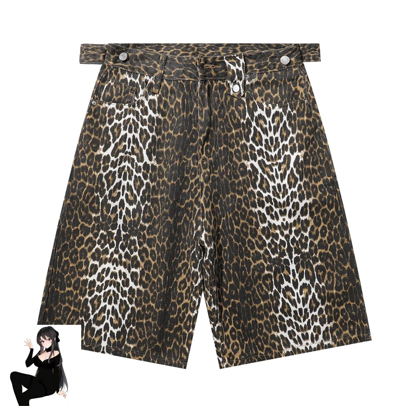 Fashion Brand Shorts 1:1 High Quality Leopard Print Denim Shortpant Men Women Hip Hop Outdoor Shorts