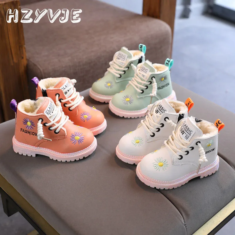 Winter New Kids Cotton Boots Fashion Little Daisy Embroidery Print Children\'s Keep Warm Shoes Short Boots Side Zipper Snow Boots