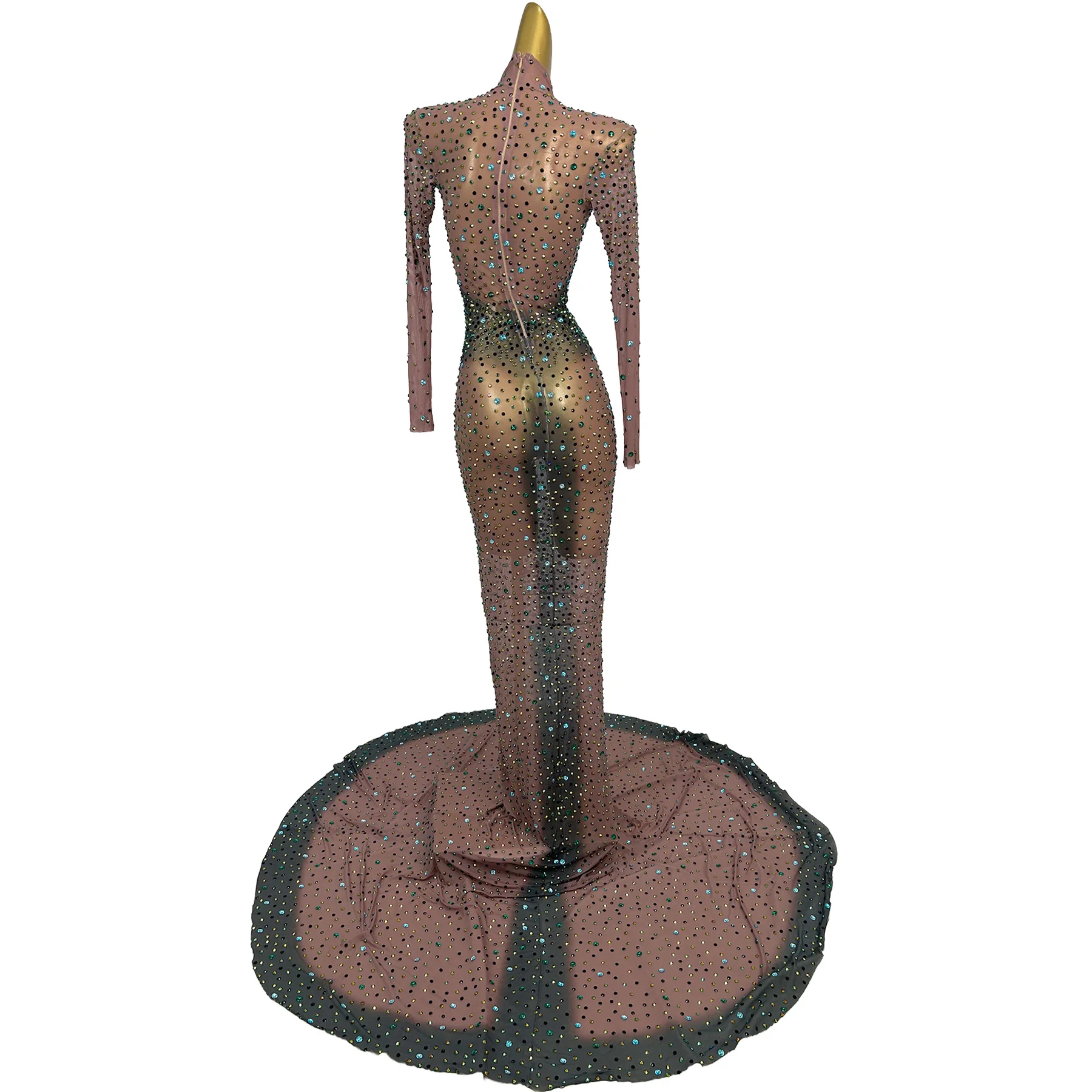 Moying Glam High Neck Long Sleeve Sheer Mesh Gown Full Green Rhinestone Decoration Chest Hollow Big Train Stage Wear