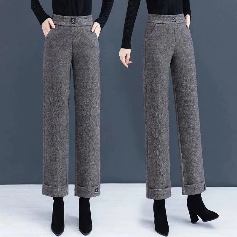 Simplicity Fashion Autumn Winter Woolen Pants Women Solid Pockets High Waist Plus Velvet Straight Wide Leg Ankle Length Trousers