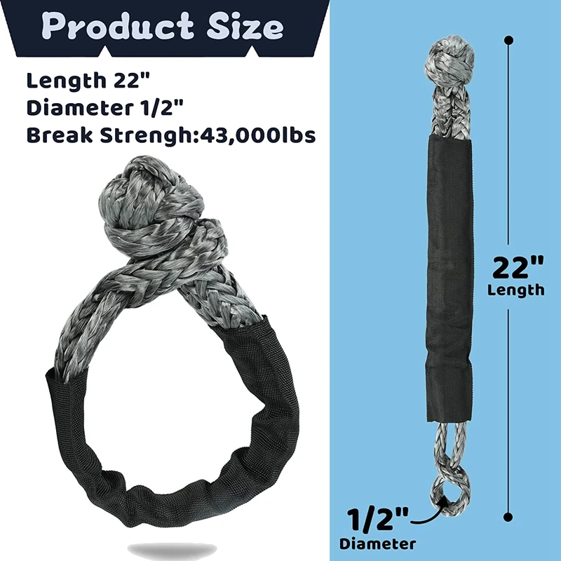 2PCS 1/2Inch X 22Inch Soft Hook And Loop Rope Synthetic Traction Recovery Strap 43000LBS Breaking Power