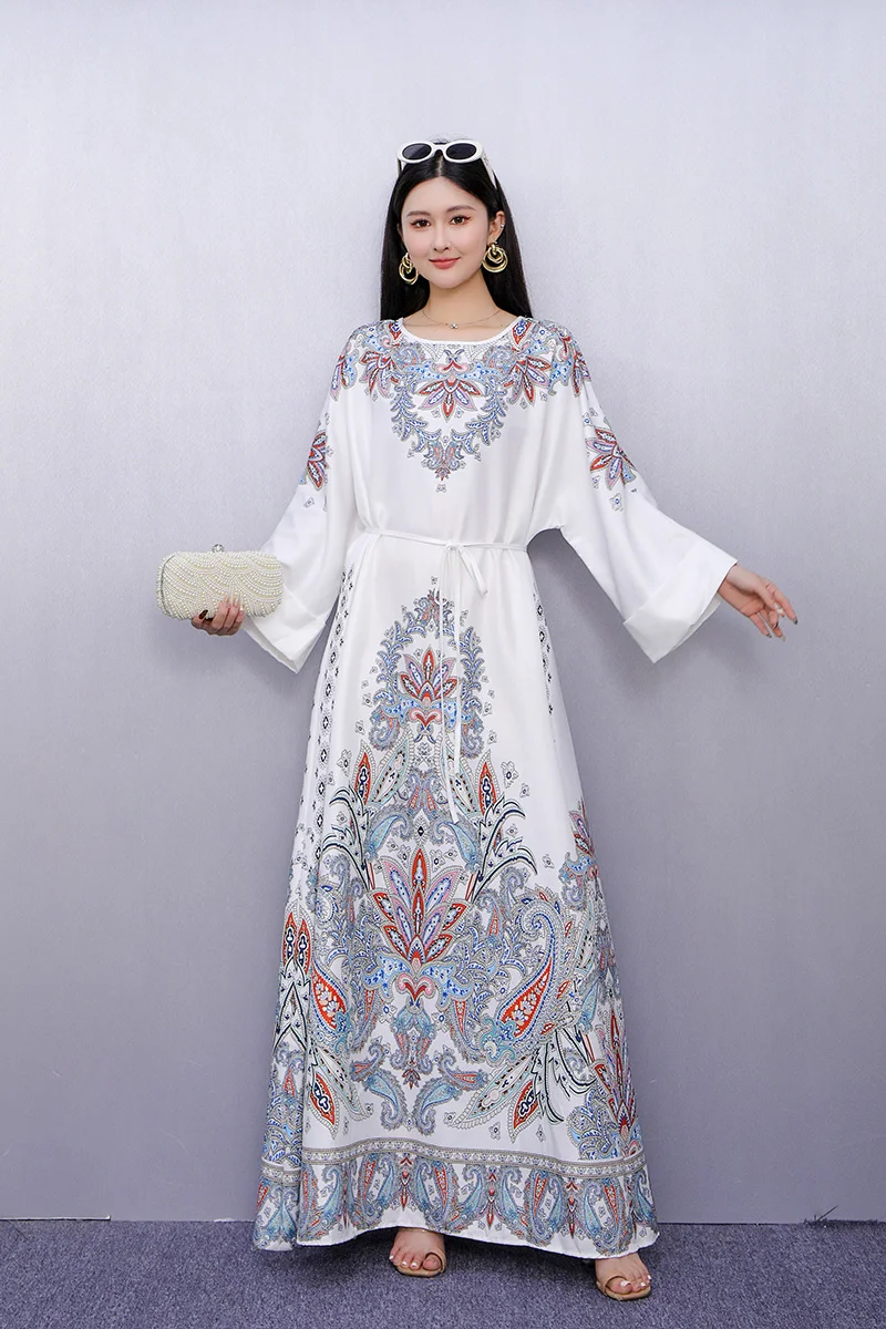 2025 Primavera Verano nuevo elegante estampado suelto vestidos largos mujeres manga larga elegante vestido femenino al por mayor J1033