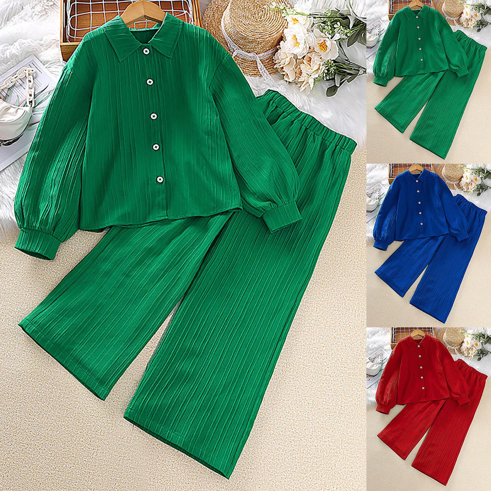 Kids Girls Autumn Long Sleeve Clothes Sets Green Tops+Pants 2PCS Outfits Clothes For Girls 8 10 11 12 Years Old Children Clothes