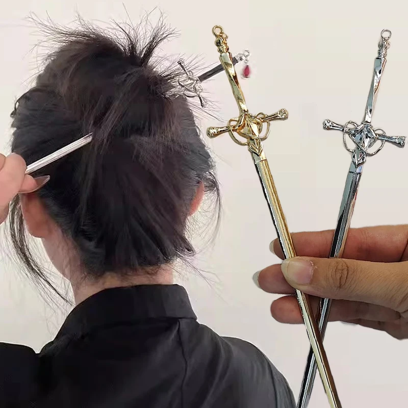 Vintage Neue Chinesische Stil Schwertförmige Rubin Quaste Haar Stick für Frauen Metall Hanfu Essstäbchen Haar Sticks Haar Zubehör