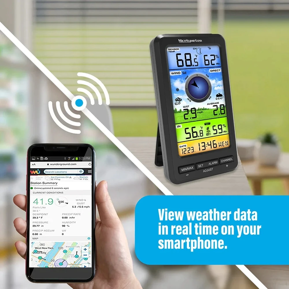 nicetymeter estacao meteorologica wifi anemometro lcd a cores termometro higrometro velocidade do vento solar monitor de direcao de rajada despertador 01