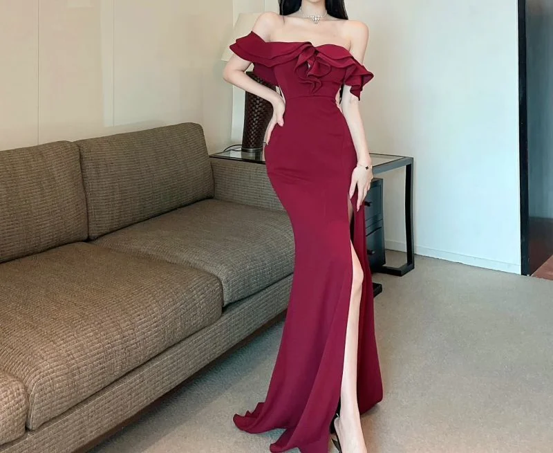 Women's Dress Sexy V-Neck Strapless Slim Fit Hip-Hugging Ruffle Stitching High-End Evening Dress Low-Cut Slimming Dress