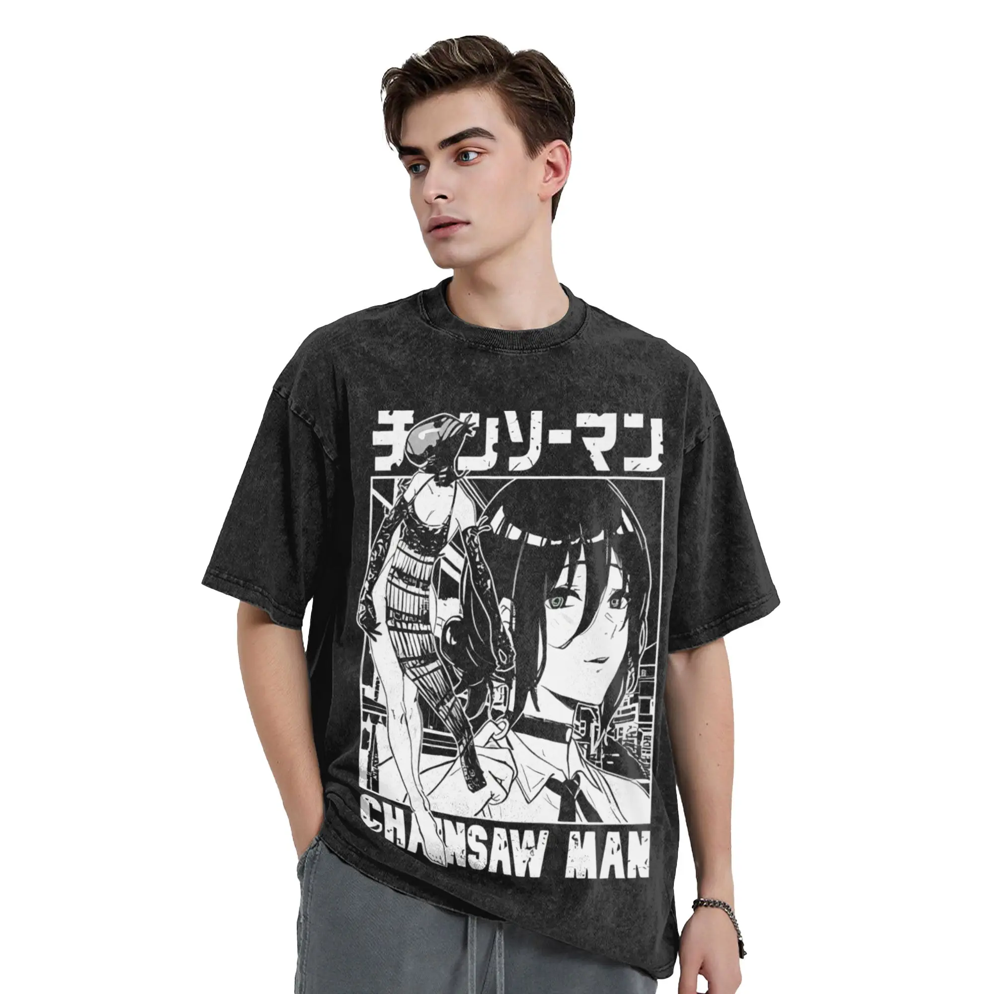 Chainsaw Man Reze Washed T Shirt Streetwear Hip Hop Fashion T-Shirt Anime Movie Tees Tops Men Women 100% Cotton Oversize Printed