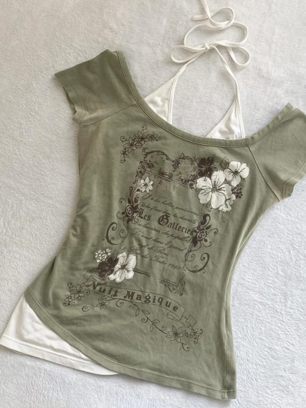 

Boya Girl Original Color Blo Print ort Sve T-irt Summer Vintage Fake Two-Piece Hanging Ne oulder Top Trendy Cotton