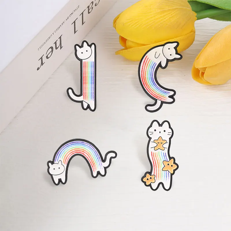 Regenbogenfarbene Katzenförmige Emaille-Abzeichen Niedliche Cartoon-Kätzchen Sternförmige Anstecknadeln Liebliche Bunte Metallbroschen Anstecknadel-Set Geschenk für Kinder – Detail 6