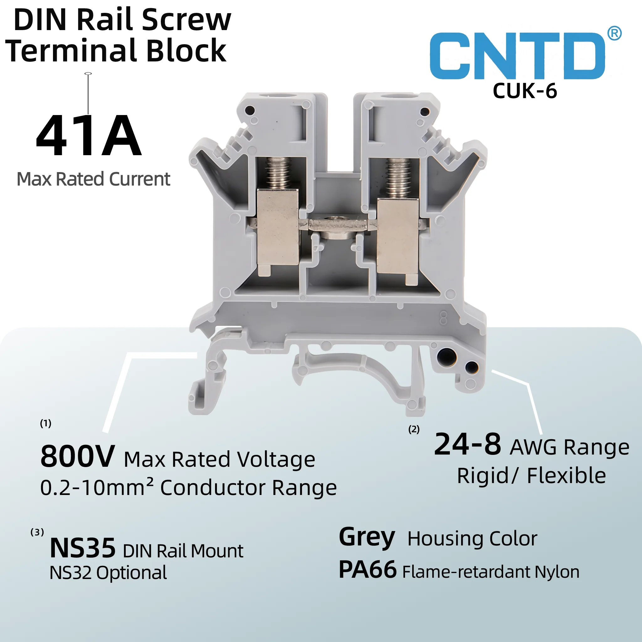 CNTD CUK-6 10Pcs Screw Terminal Block 800V 41A 0.2-10mm² AWG24-8 DIN Rail Screw Clamp Grey + End Plate Bridge Adaptor Kit