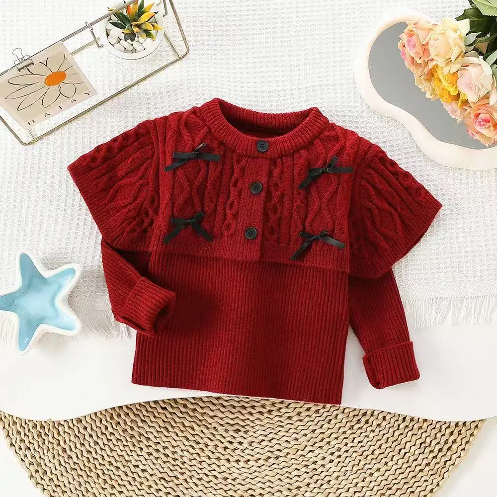 الأطفال محبوك سترة أعلى الخريف/الشتاء وصول الفتيات شال على غرار محبوك طويلة الأكمام البلوز سترة بأكمام طويلة 2-6 Y #6