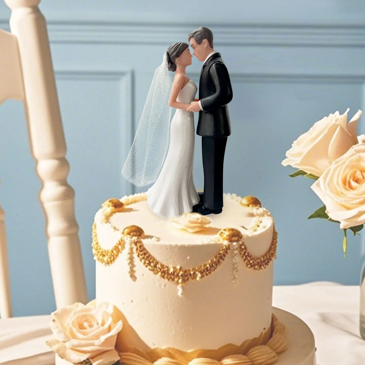 Eleganter Hochzeitstortenaufsatz für Braut und Bräutigam mit Schleier, 10,2 cm – Jubiläum, Brautparty, Verlobungsfeier-Dekoration – Detail 5