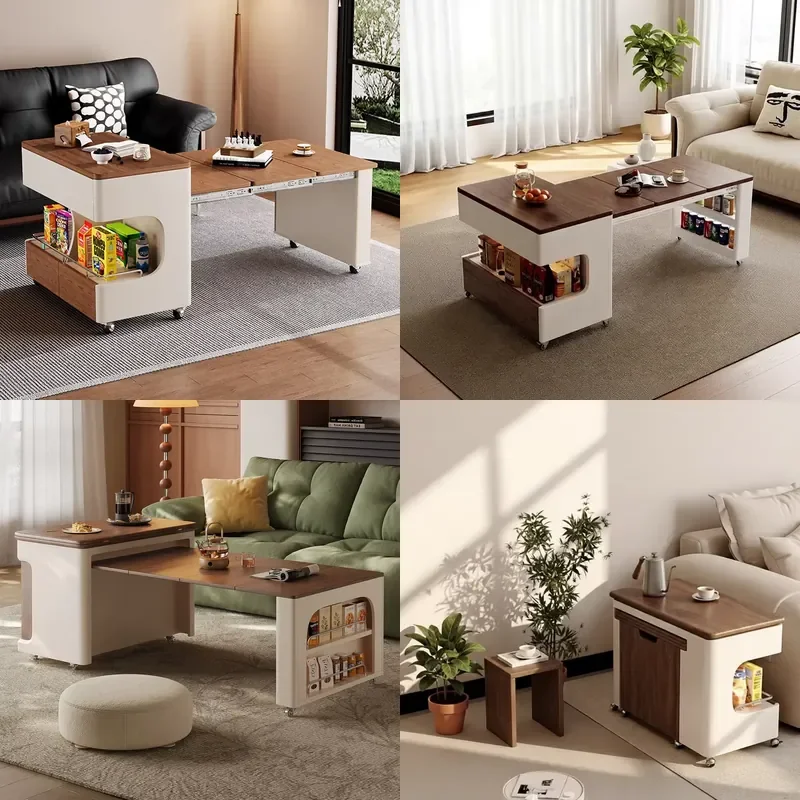 Movable Extendable Folding Coffee Table Solid Wood Top Hidden Storage Trolley Modern Living Room Furniture Small Apartments