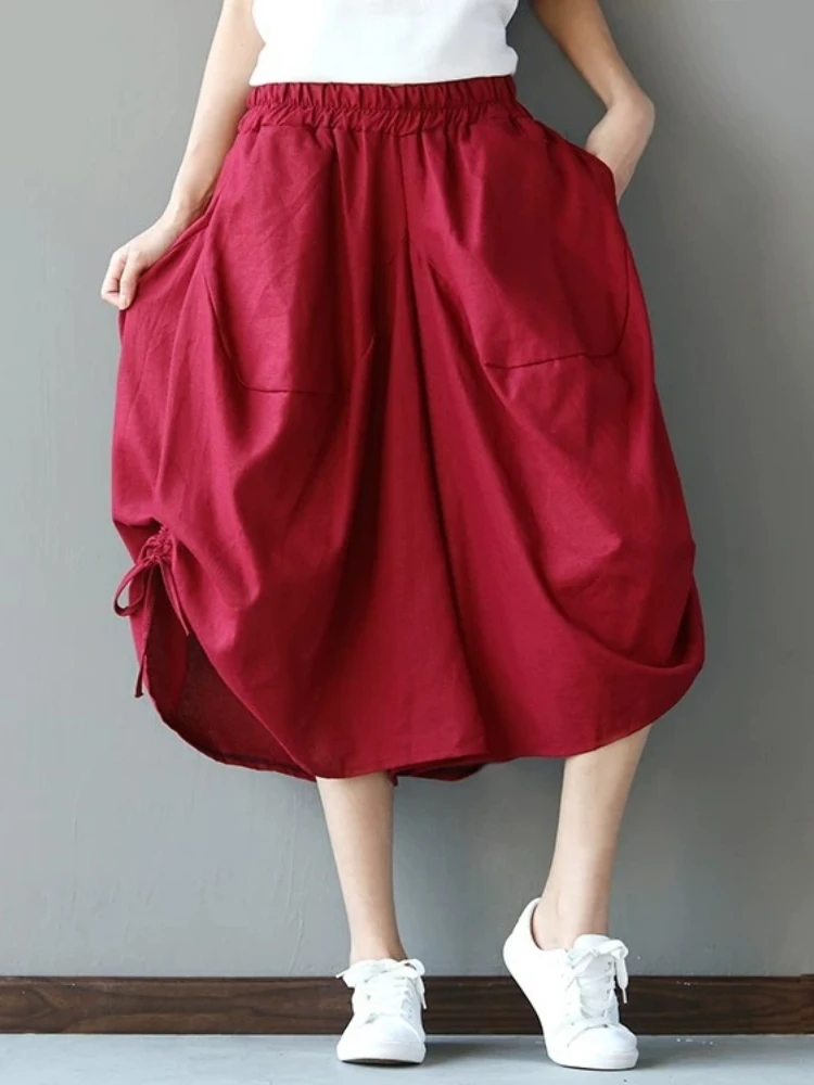 Lantern Pants Summer Chic Stylish Plus Size Loose Slimming Cotton Linen Ethnic Wide Leg Capri Casual Flowy Trousers For Women