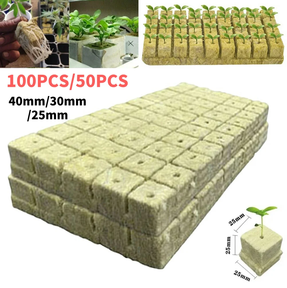 100PCS/50PCS 40mm/30mm Stonewool Hydroponic Grow Media Cubes Plant Cubes Soilless Substrate Seeded Rock Wool Plug Seedling Block