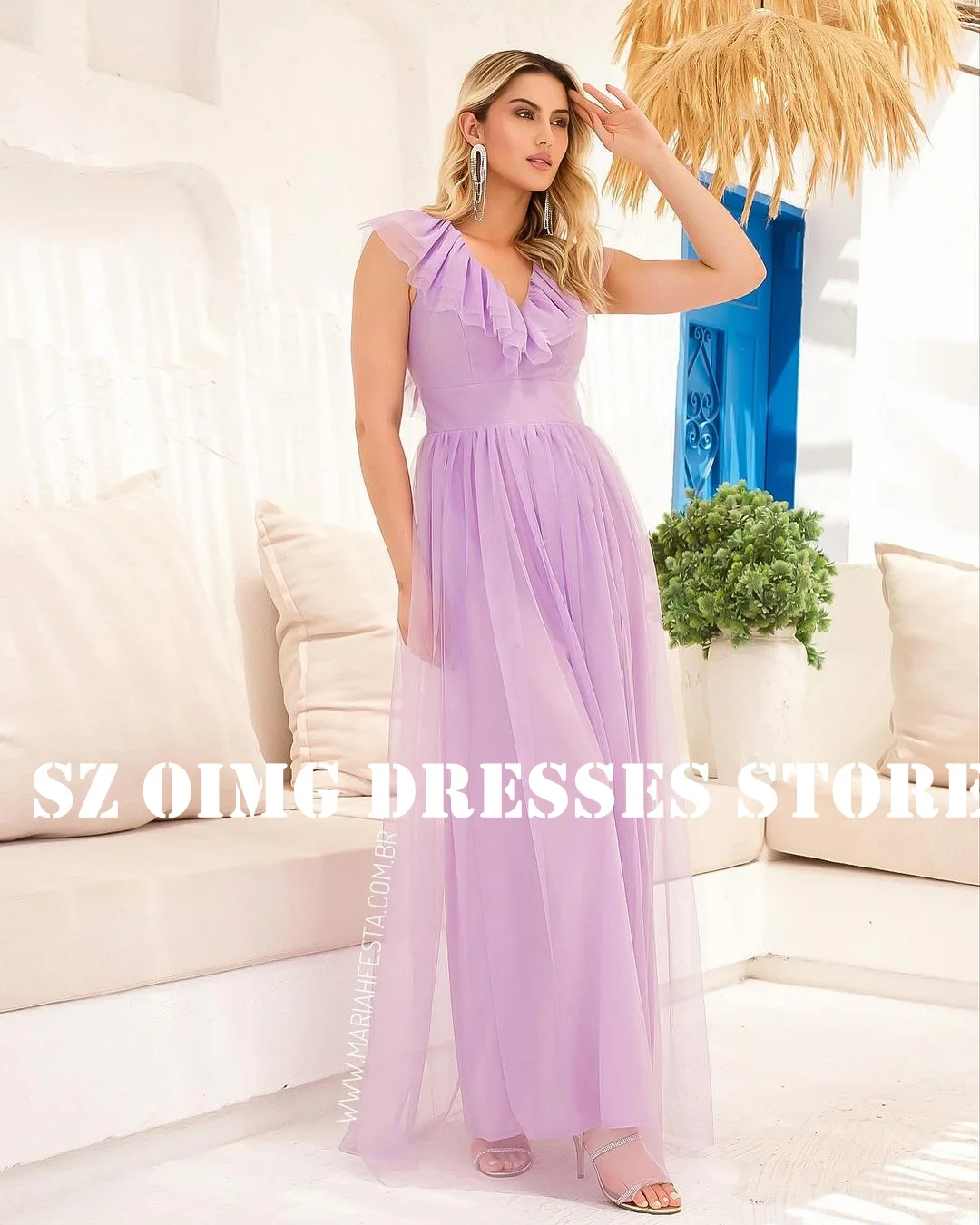 OIMG New Design V Neck Tulle Prom Dresses Arabic Women Ruched Ruffles High Split Purple Evening Gowns Formal Party Dress