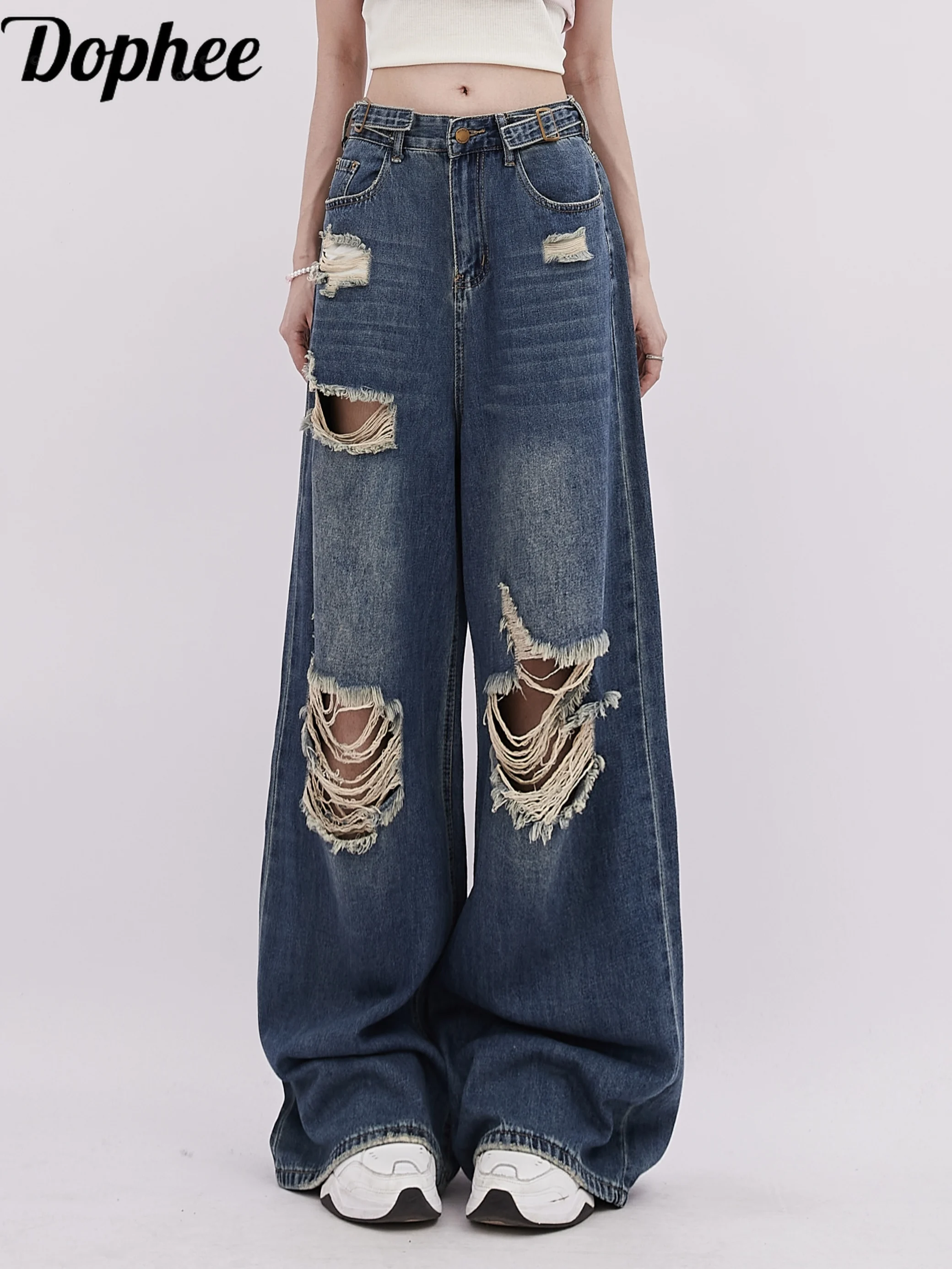 

Dophee 2024 New Spring Women Denim Pants Dopamine American Hip-hop Hole Jeans All-match Streetwear Spice Girls Straight Pants