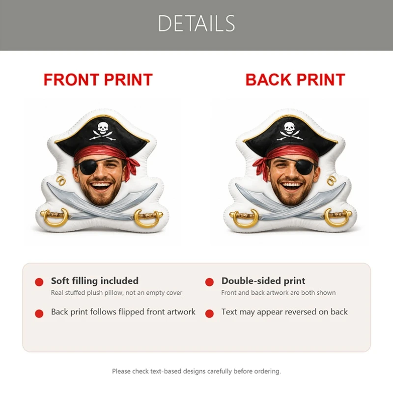 Custom Pirate Face Shaped Pillow, Funny Eyepatch And Hat Personalized Photo Decorative Cushion, Unique Home Decor Accent for Sof